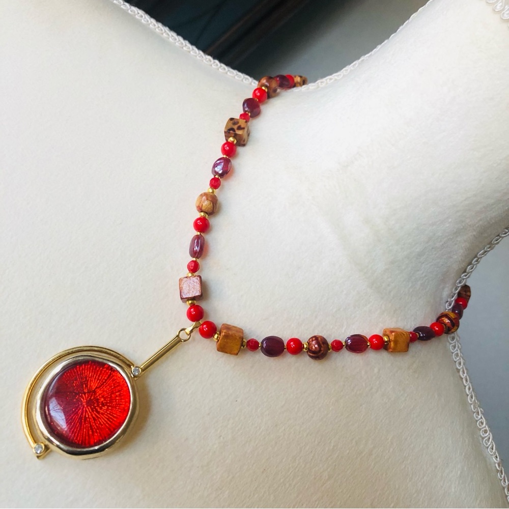 Handcrafted repurpose mixed bead crackle pendant Czech glass Pearl necklace